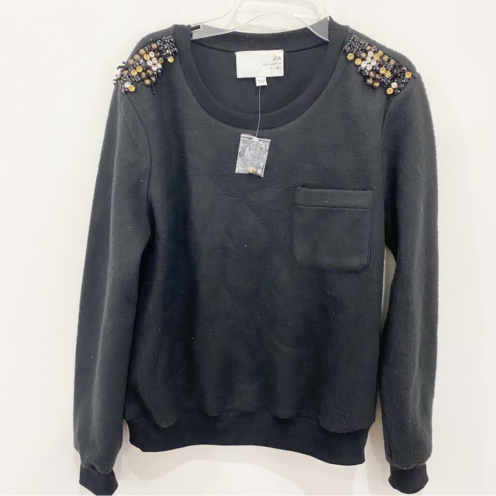 J.O.A. Black Jumper Sweatshirt Shoulder Sparkles Sequins Gems Size Medium NWT